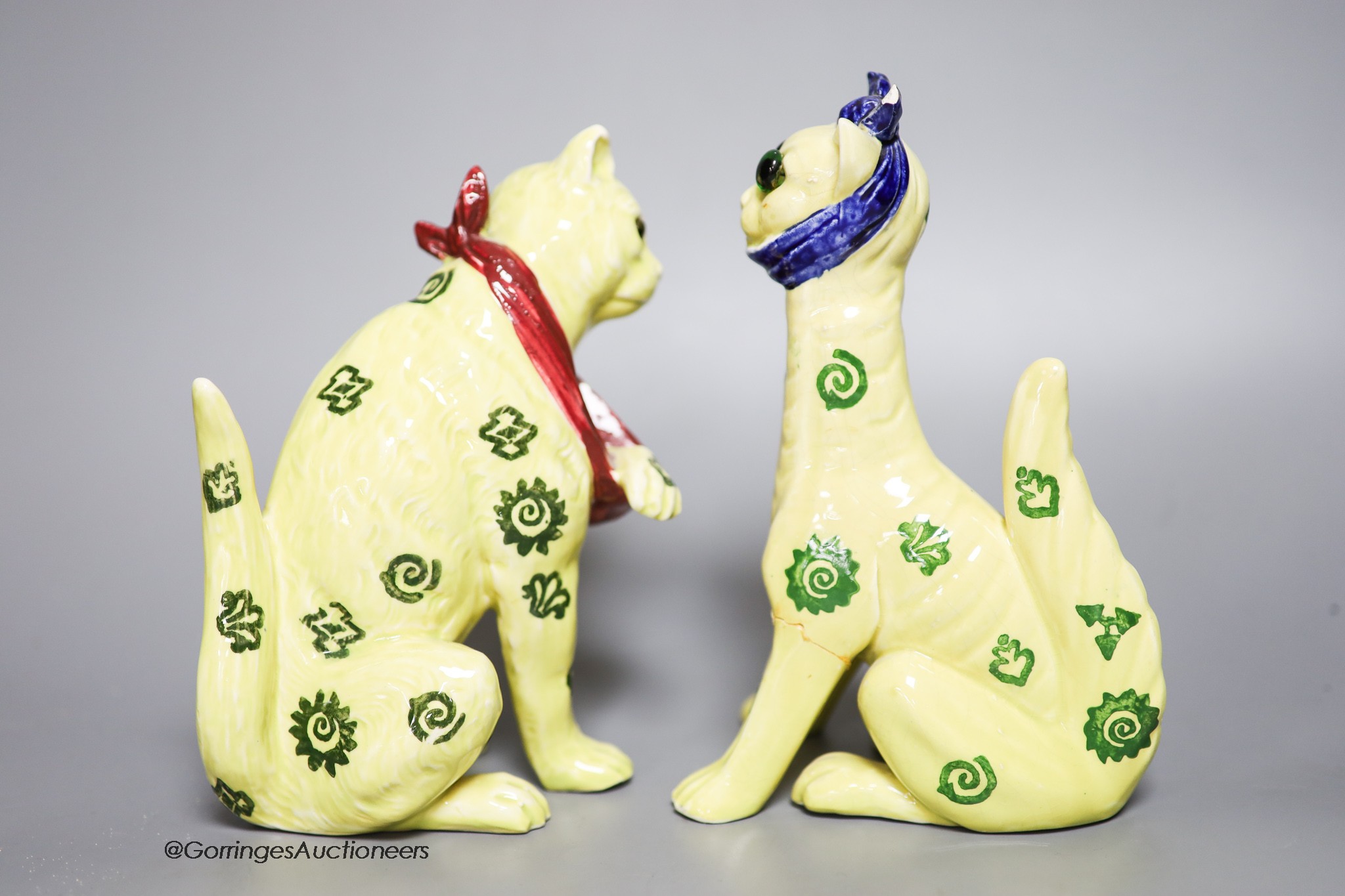 Two early 20th century Galle style pottery cats, tallest 19cm